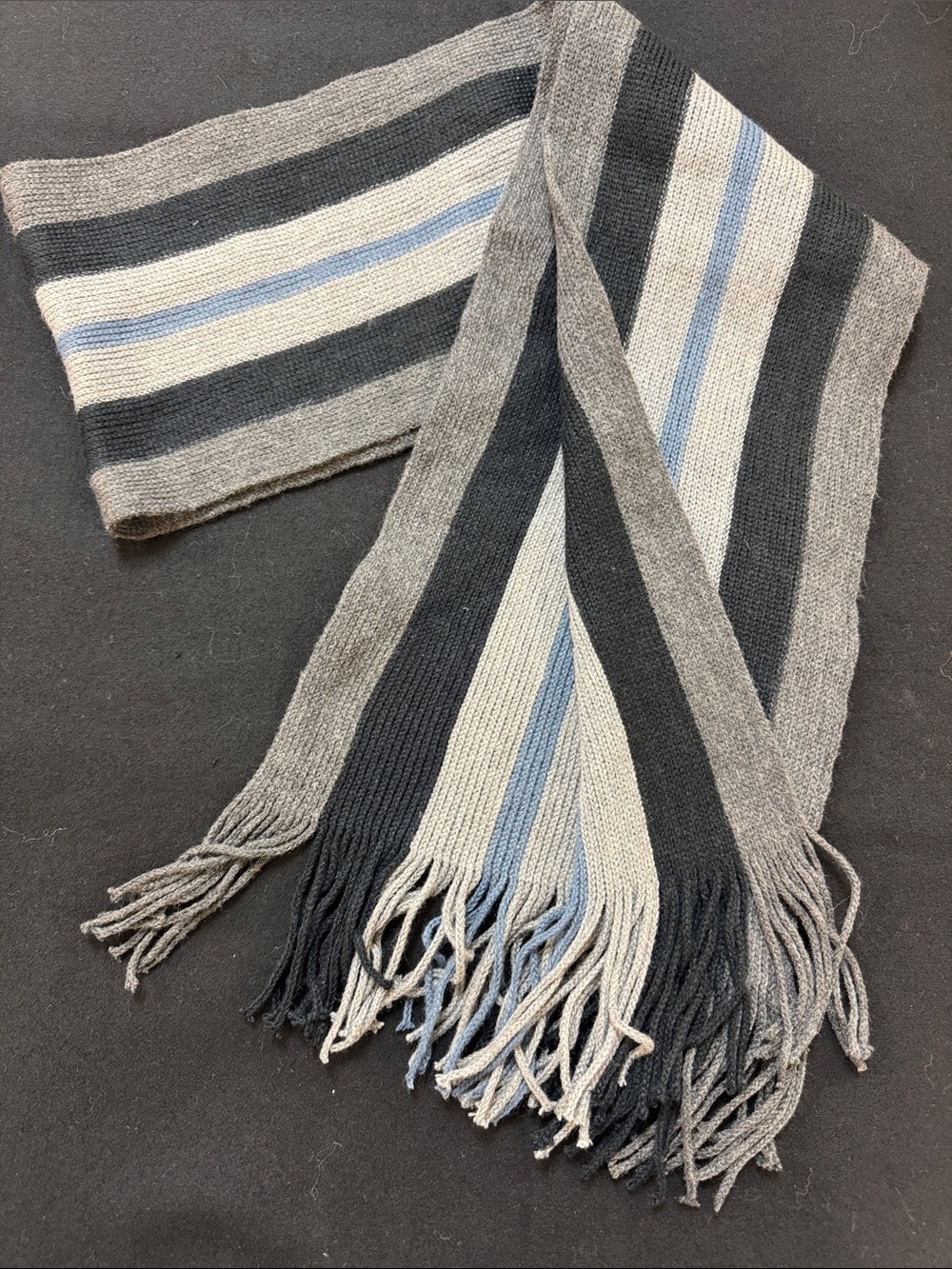 Striped Knit Scarf in Gray, Black & Light Blue